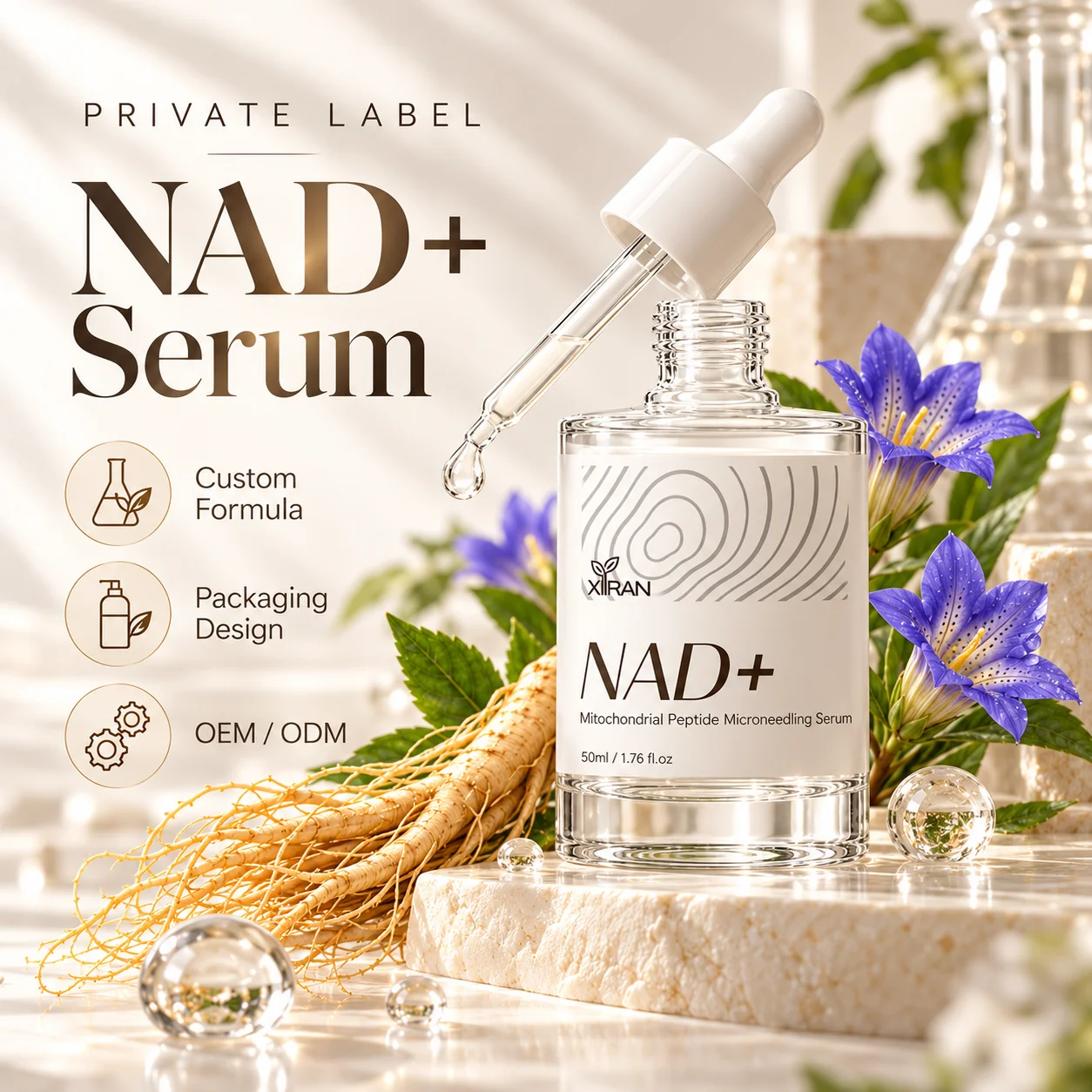 A bottle of private label NAD+ serum with a glass dropper, surrounded by natural ingredients like ginseng and purple flowers, under soft lighting.